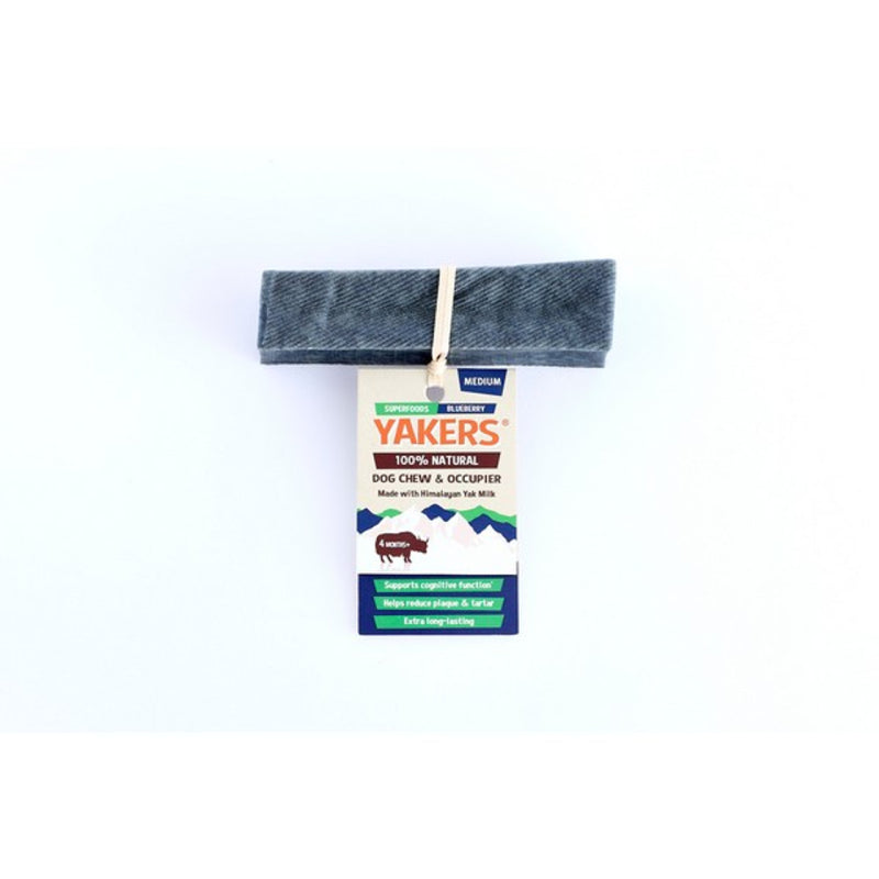 Yakers Blueberry Dog Chew Medium in packaging on a white background.
