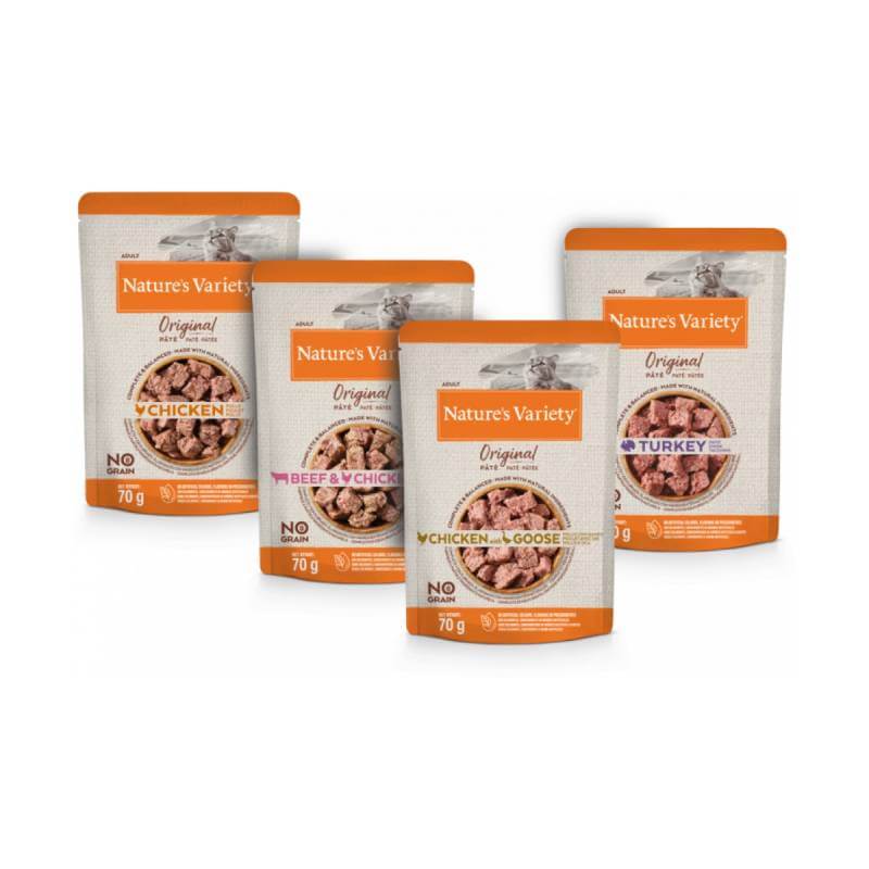 Twelve Nature's Variety Original Pate For Cats 70g pouches in a multipack with orange labels.