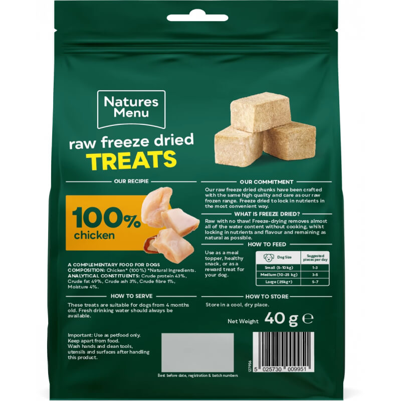 Natures Menu Freeze Dried Meat Chunks 40g—ideal chicken meal topper for dogs.