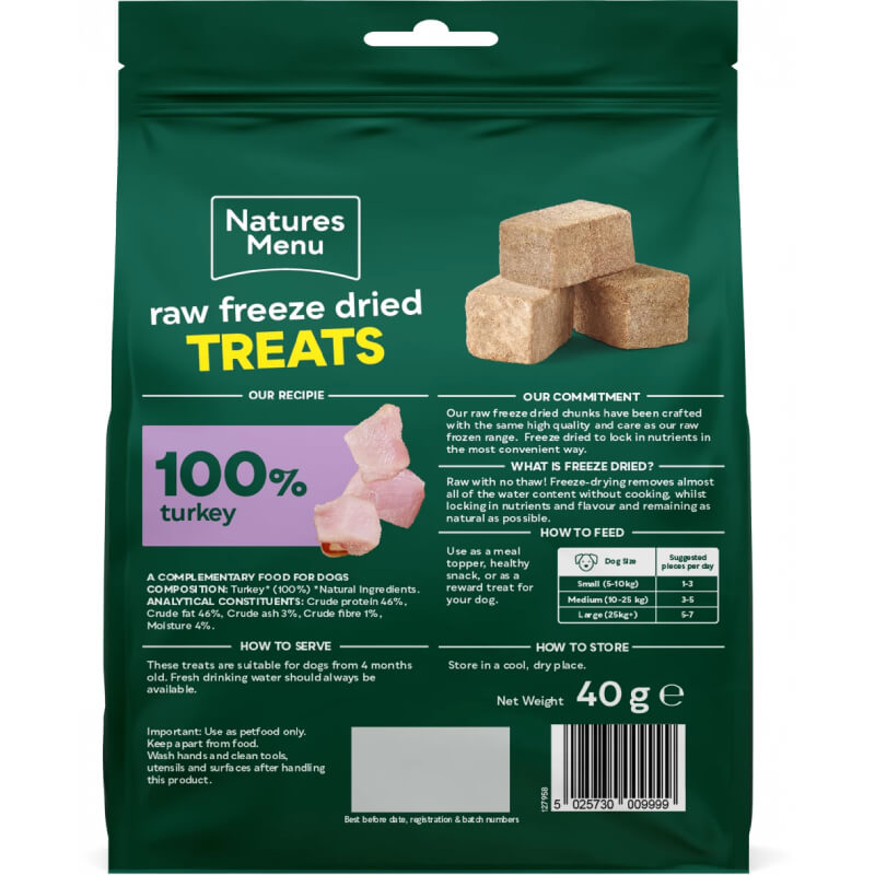 Natures Menu Freeze Dried Meat Chunks for dogs, chicken & turkey, 40g pack.