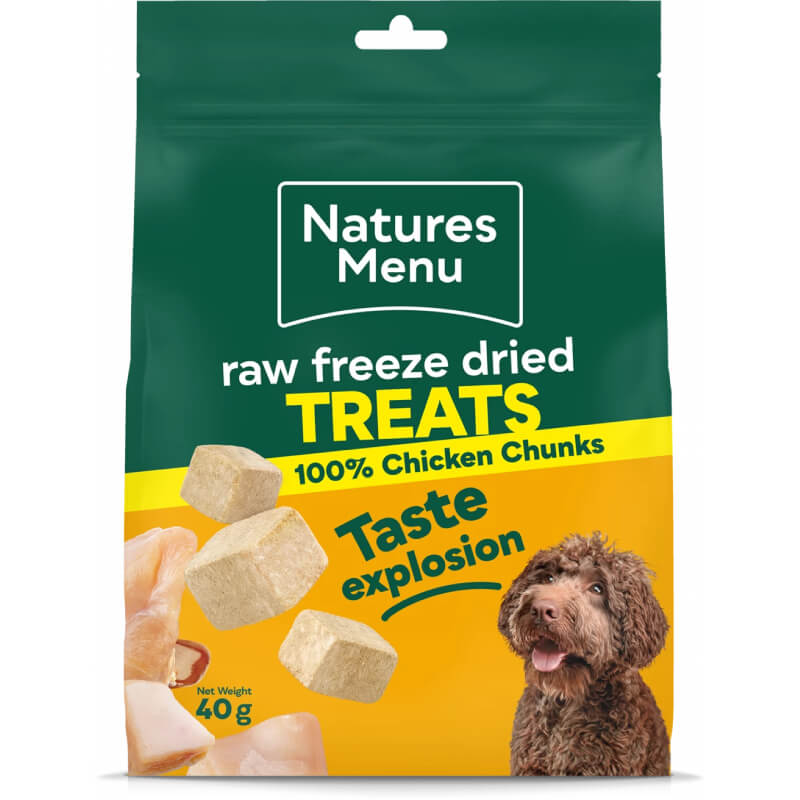 Bag of Natures Menu Freeze Dried Meat Chunks 40g with a dog and chunky chicken pieces on front.