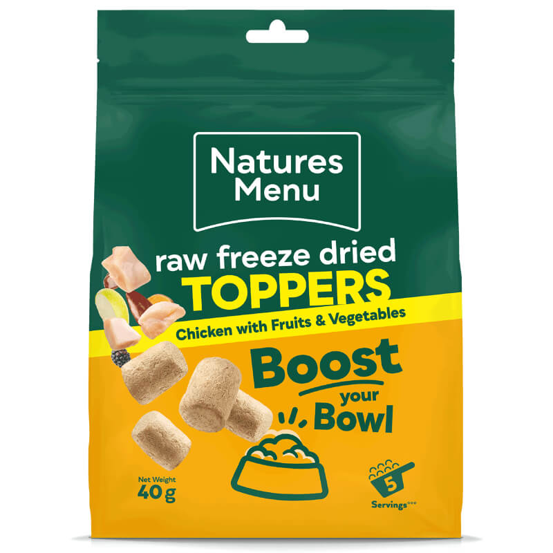 Natures Menu Freeze Dried Topper Chicken 40g: dog food topper with chicken, fruits, veggies.