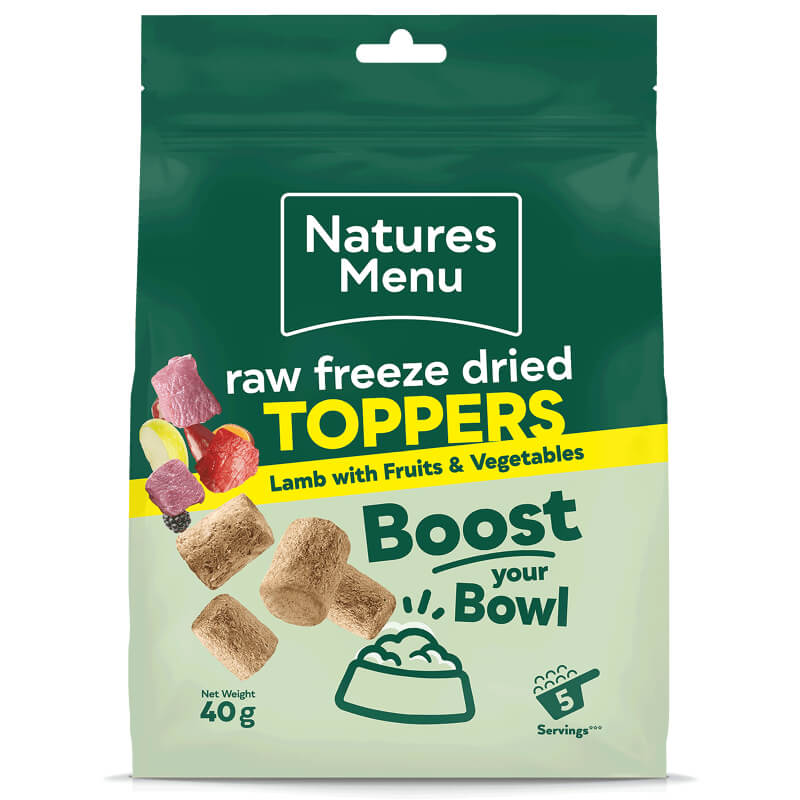 Natures Menu Freeze Dried Topper Lamb 40g–a lamb dog food topper in a green and cream bag.
