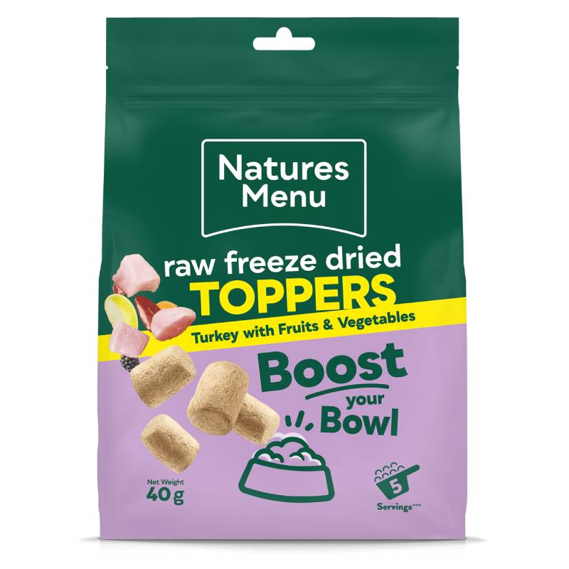 Natures Menu Freeze Dried Topper Turkey 40g, green/purple bag, 5 servings for dogs.