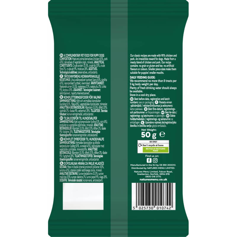 Back of a green Natures Menu Meaty Treats Puppy 50g pack with white feeding info and treats.