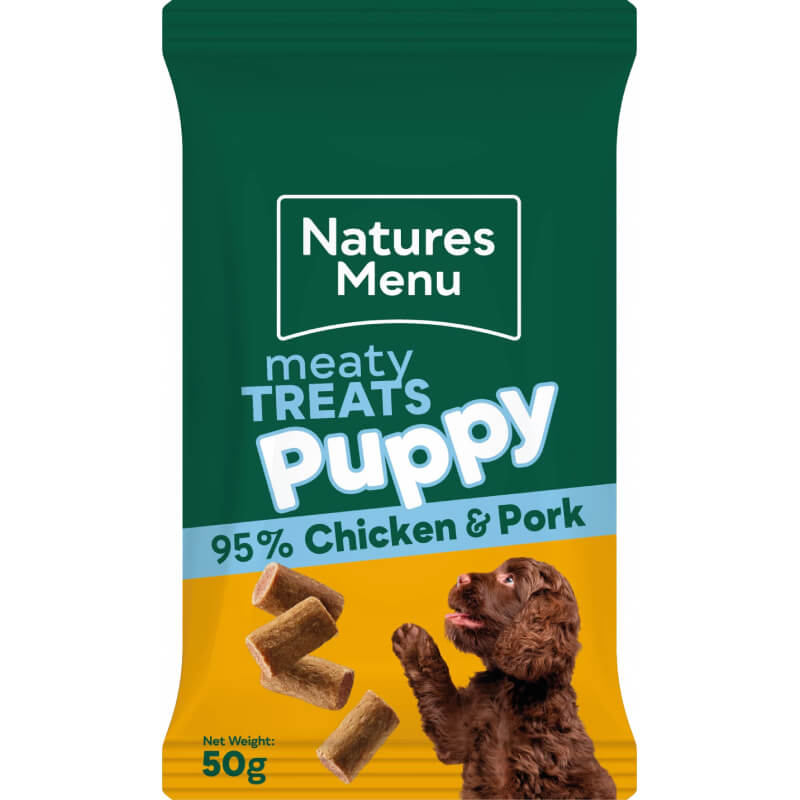 Natures Menu Meaty Treats Puppy 50g, 95% chicken & pork, perfect for reward-based training.