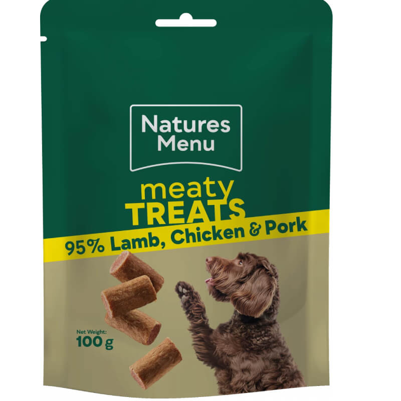 Natures Menu Meaty Treats Chicken & Lamb: high-protein dog treats with visible treat pieces.