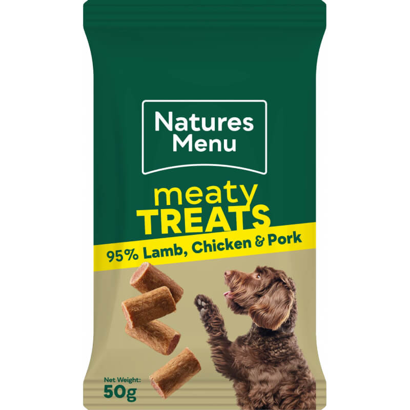 Packet labeled Natures Menu Meaty Treats Chicken &amp; Lamb with dog and protein-rich treats on front.