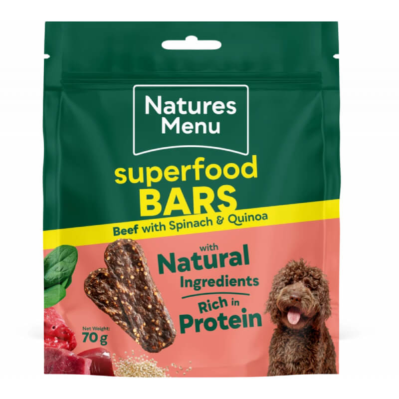 Natures Menu CH Superfood Bars 70g, natural dog treats with beef, spinach, and quinoa.