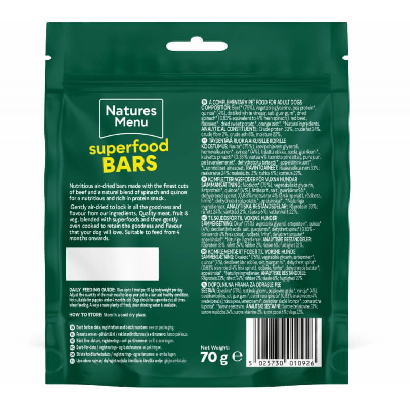 Back of Natures Menu CH Superfood Bars 70g bag, showing dog treat details and barcode.