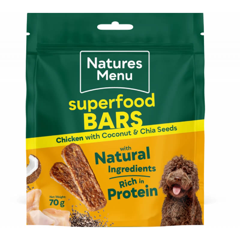 Natures Menu CH Superfood Bars 70g—natural dog treats with coconut and chia seeds.