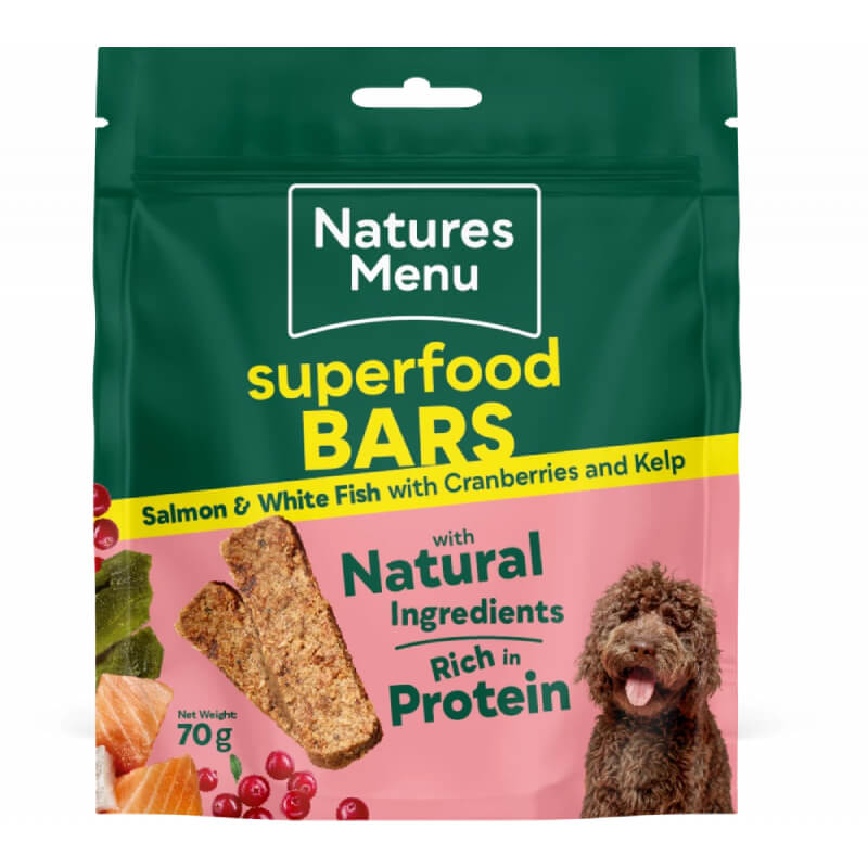 Natures Menu CH Superfood Bars 70g, natural salmon & white fish dog treat snack.