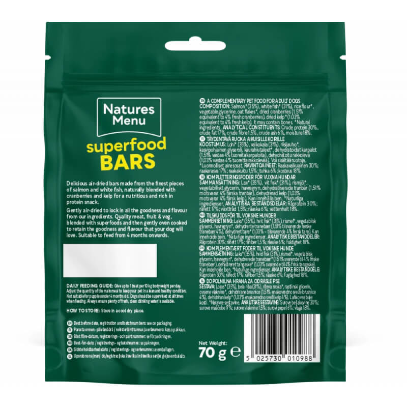 Back of a green Natures Menu CH Superfood Bars 70g pack with product info and barcode visible.