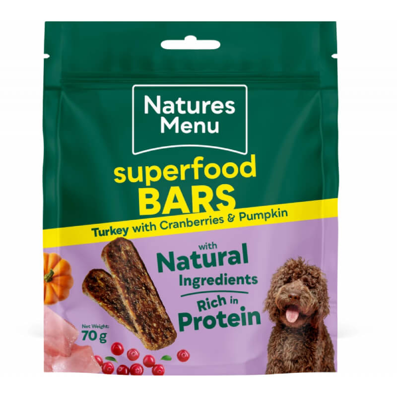 Natures Menu CH Superfood Bars 70g, dog snack with turkey, shown with dog and ingredients.