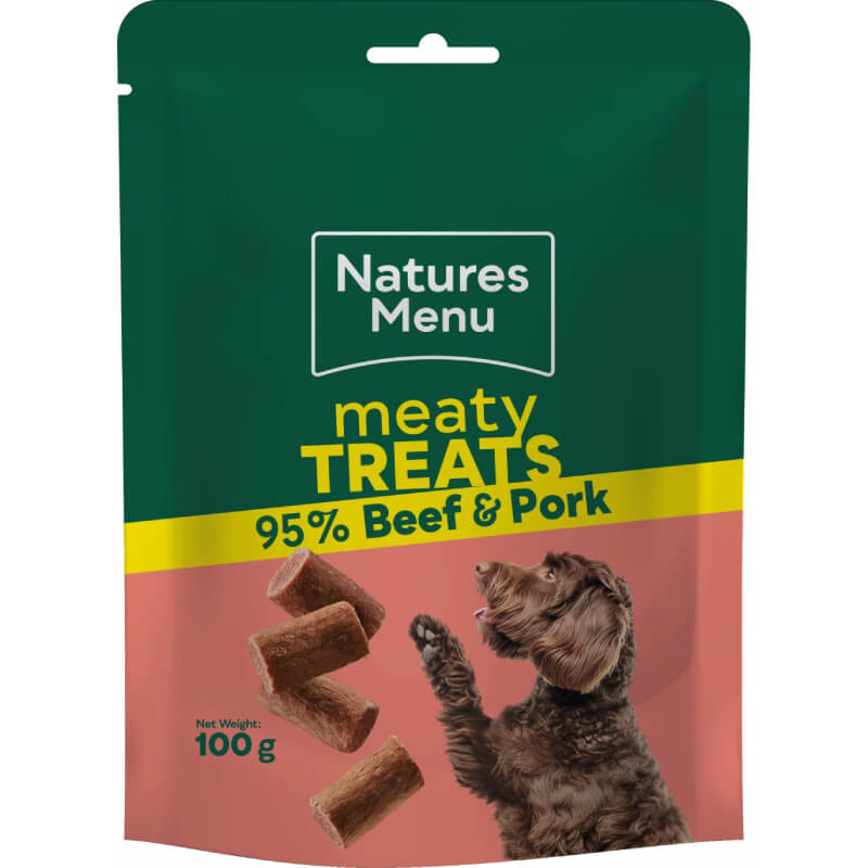 Natures Menu Meaty Treats Beef dog treats pouch with dog and treat pieces on the front.