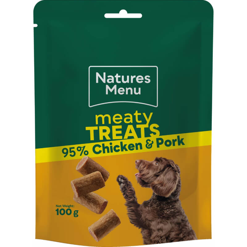 Natures Menu Meaty Treats Chicken, with a dog on the packet, 95% chicken & pork.