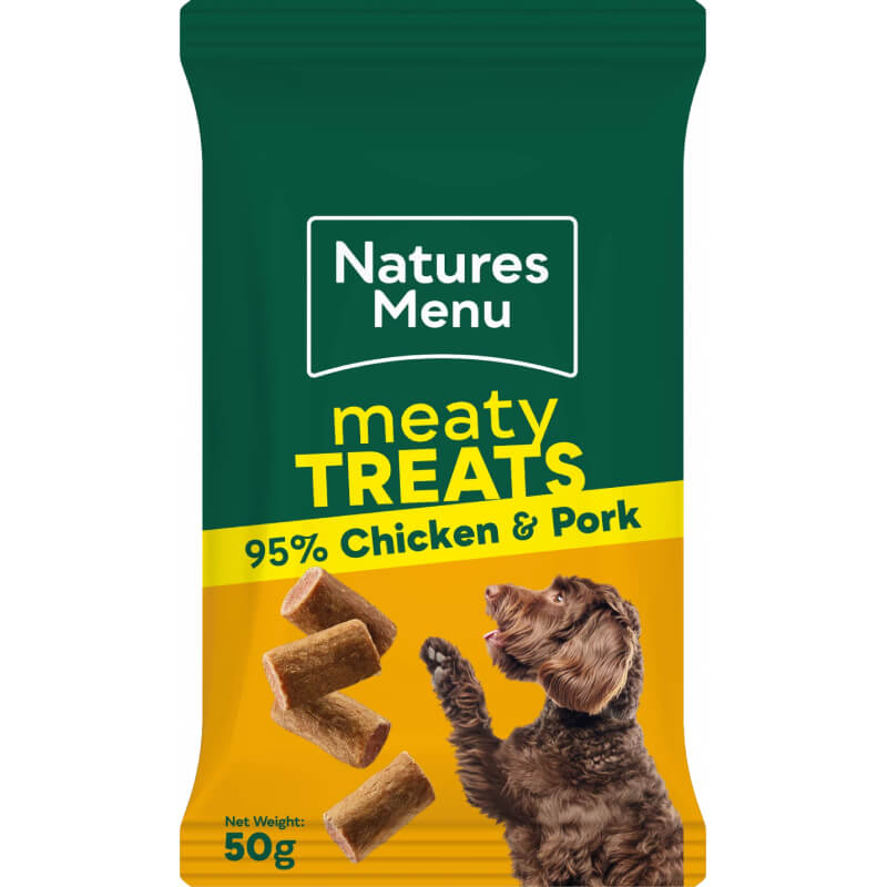 Natures Menu Meaty Treats Chicken in green and yellow pack with dog and meat pieces on front.