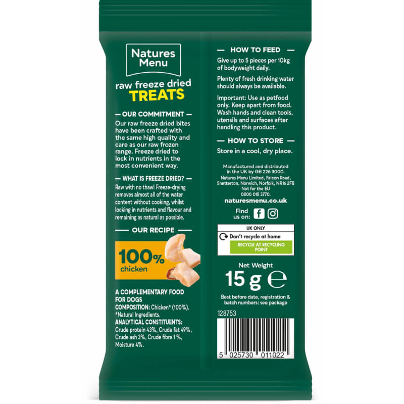 Back of Natures Menu Freeze Dried Meat Bites 15g, chicken flavor, with feeding info.