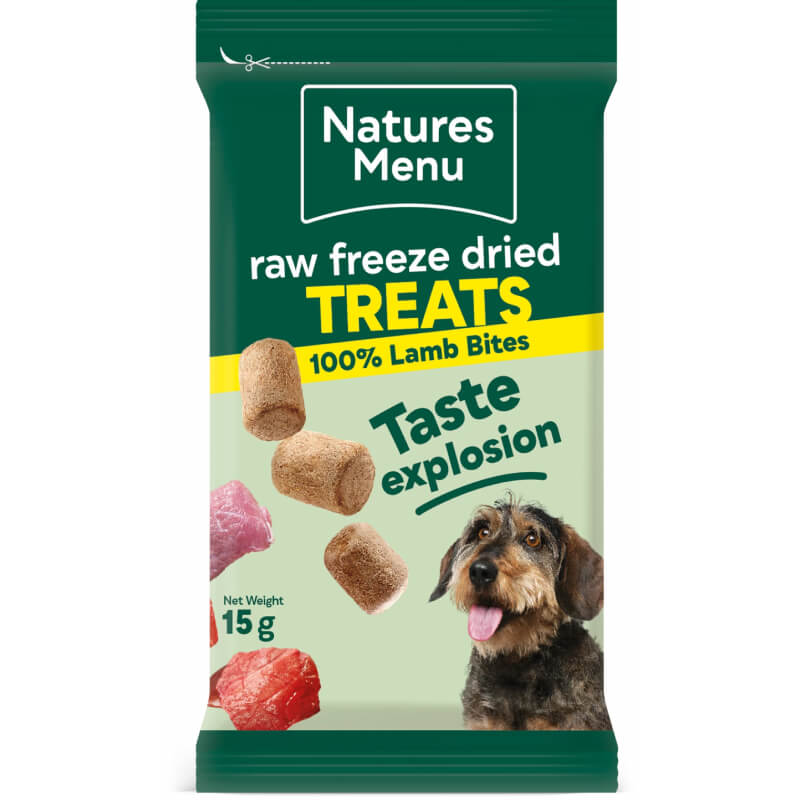 Natures Menu Freeze Dried Meat Bites 15g in green pack with treats and a dog on the front.