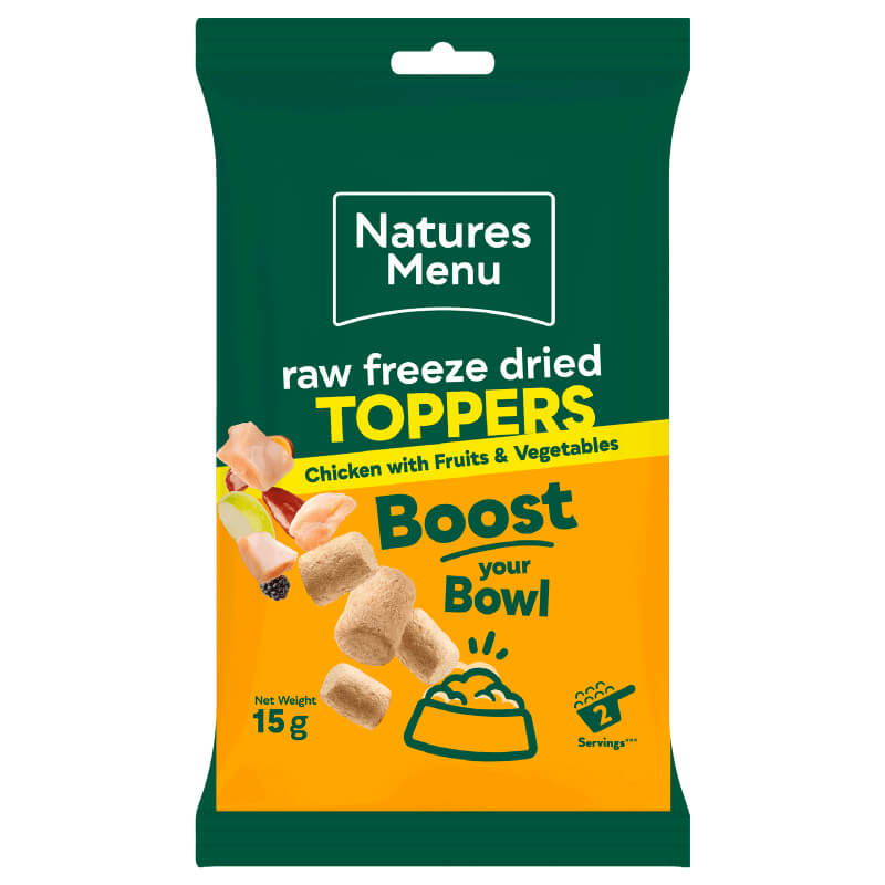 Natures Menu Freeze Dried Topper Chicken 15g, green/yellow pack, for pets.