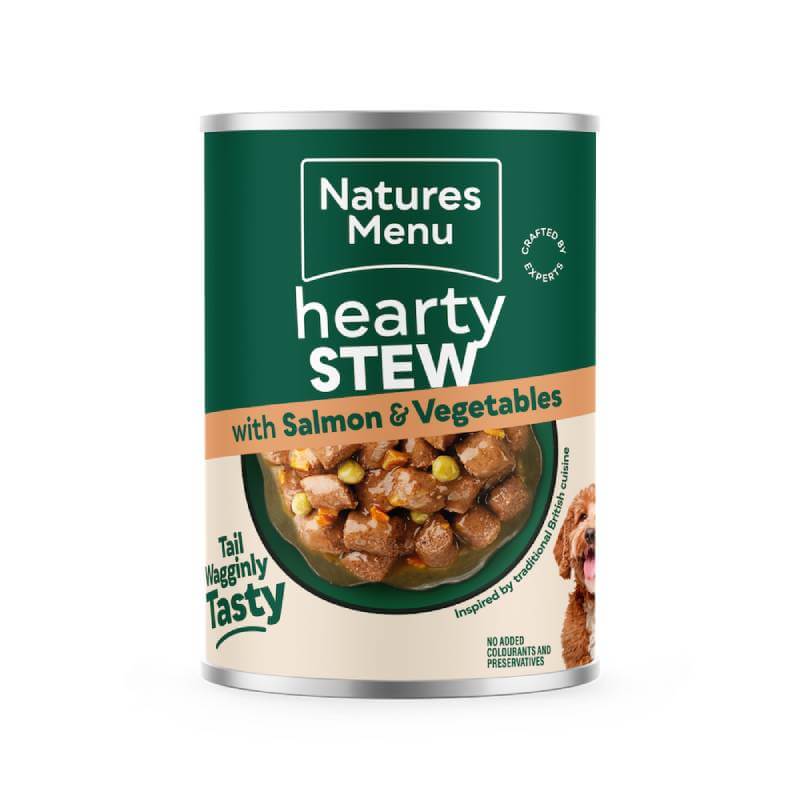 A can of Natures Menu Hearty Stew with chicken, lamb, beef & salmon for dogs.