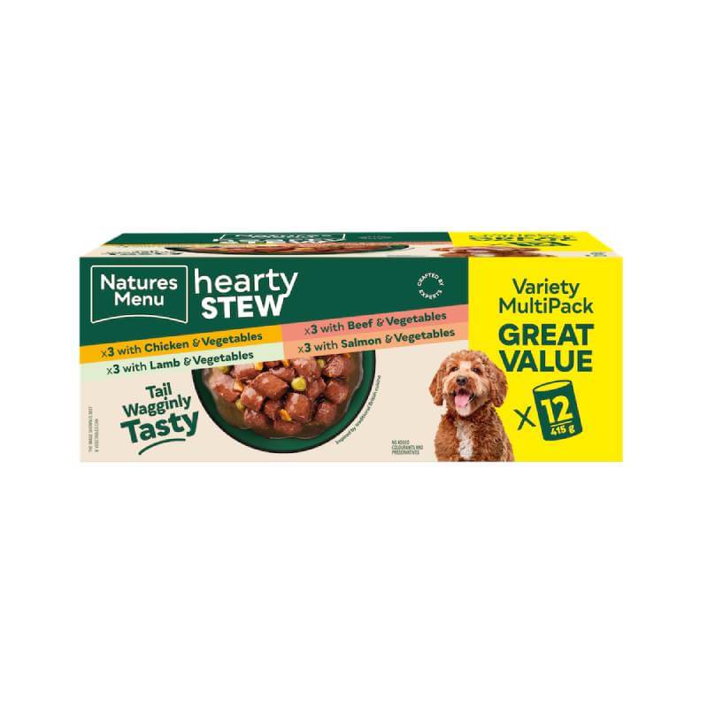 Natures Menu Hearty Stew Cans Chicken, Lamb, Beef & Salmon 12x415g—complete dog nutrition.