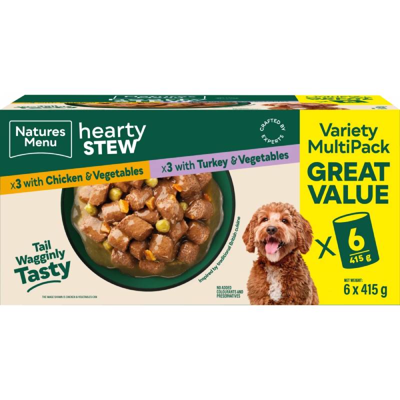 Natures Menu Hearty Stew Cans 6x415g wet dog food multipack with chicken and turkey.