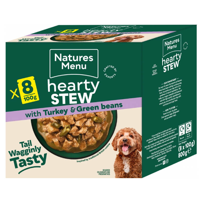 Natures Menu Hearty Stew Pouches 8x100g, dog food with turkey, chicken & vegetables.