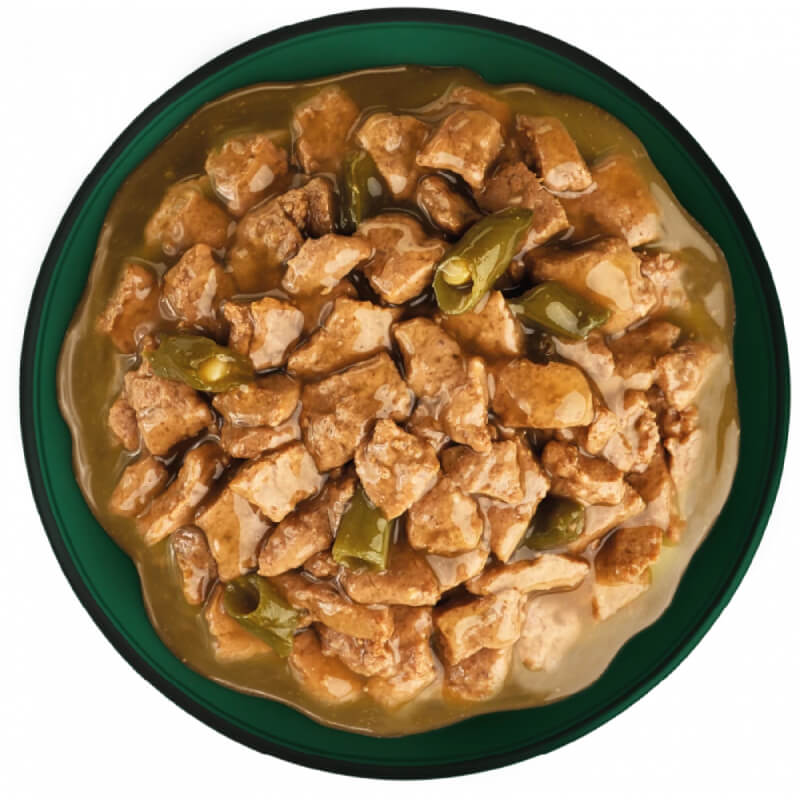 Natures Menu Hearty Stew Pouches 8x100g, served on a dark green dish.