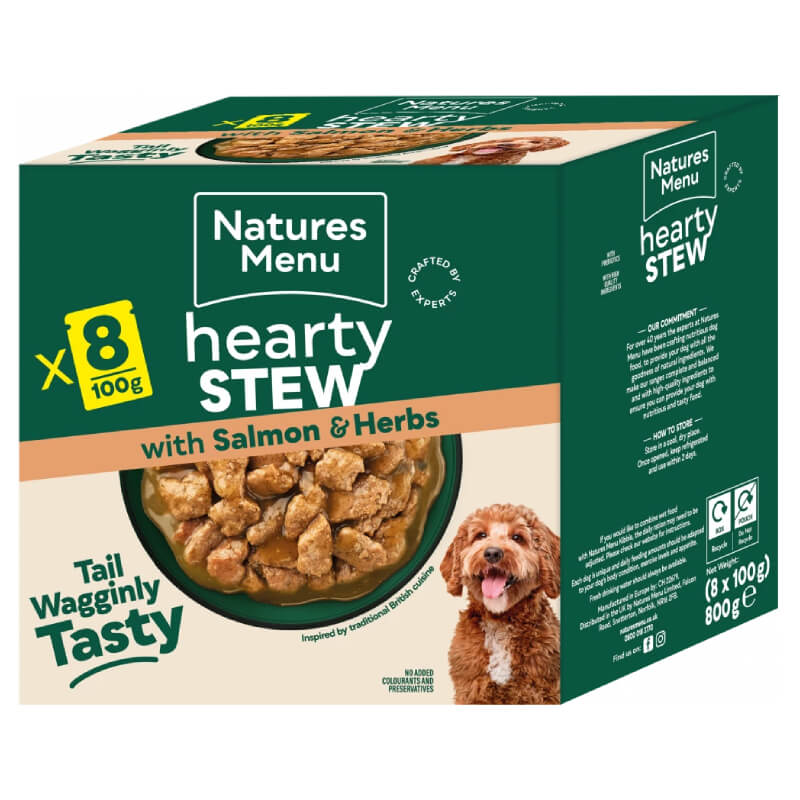Natures Menu Hearty Stew Pouches 8x100g with salmon and herbs for happy dogs.