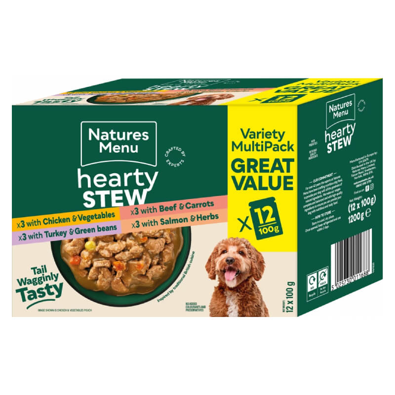 Natures Menu Hearty Stew Pouches Chicken, Turkey, Beef &amp; Salmon 12x100g multipack.