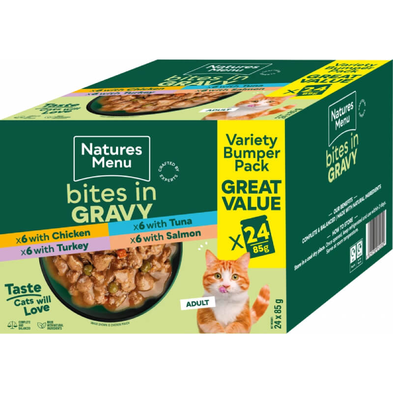 Natures Menu Bites in Gravy Cat Pouch Multipack 24x85g, assorted flavors, natural ingredients.