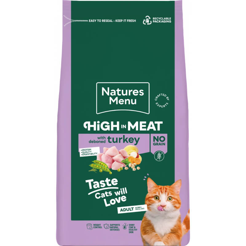 Natures Menu High in Meat No Grain Cat Food Turkey, pack shows playful orange cat with peas.