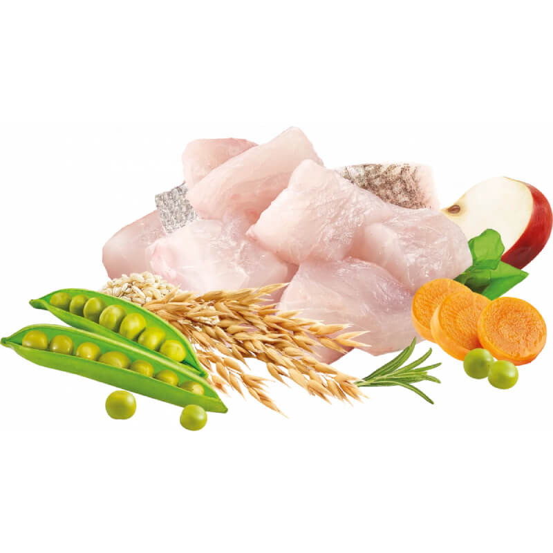 Natures Menu High in Meat Healthy Grains Cat Food White Fish with peas, carrots, oats, and more.