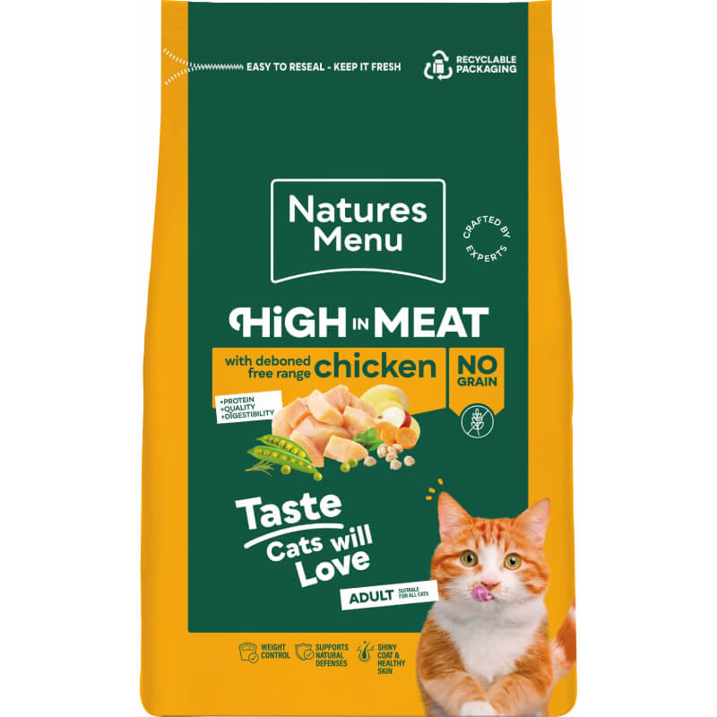 Natures Menu High in Meat No Grain Cat Food Chicken bag with orange design and tabby cat.