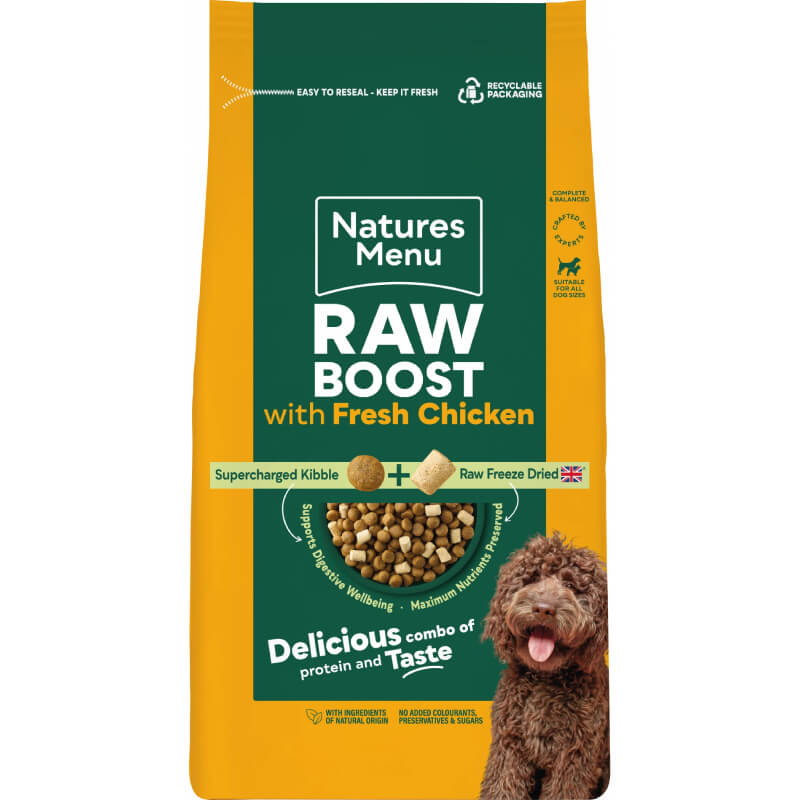 Natures Menu Raw Boost Complete Dog Food Chicken with a dog in the bottom right corner.