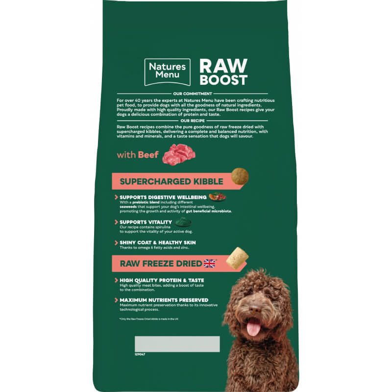 Natures Menu Raw Boost Complete Dog Food Beef with freeze-dried pieces and a happy dog.