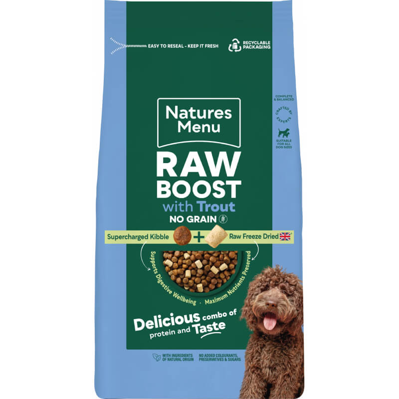 Natures Menu Raw Boost Dog Food Trout & Fish with a brown dog in front of the blue bag.