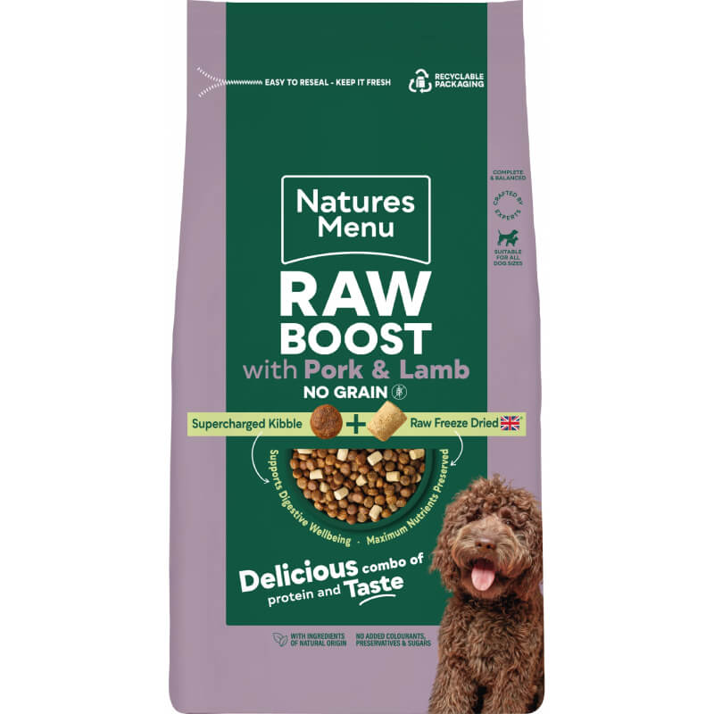 Natures Menu Raw Boost Complete No Grain Pork &amp; Lamb Dog Food on the front.