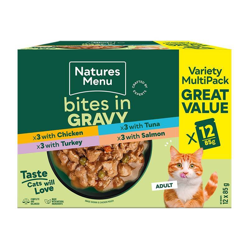 Natures Menu Bites in Gravy Cat Pouch Multipack 12x85g, chicken, turkey, tuna &amp; salmon.
