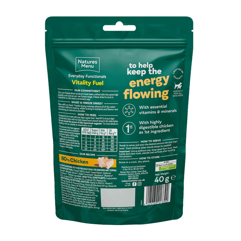 Natures Menu Everyday Functionals Vitality Fuel 40g dog treats pouch with product details.