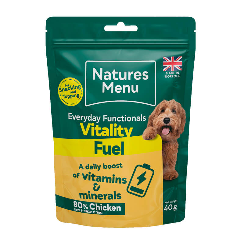 Natures Menu Everyday Functionals Vitality Fuel 40g dog treats pouch with product details.