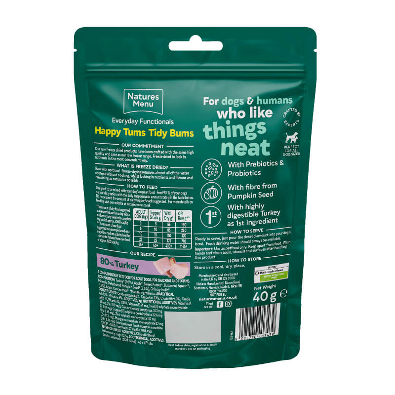 A green pouch of Natures Menu Everyday Functionals Happy Tums Tidy Bums 40g dog treats.
