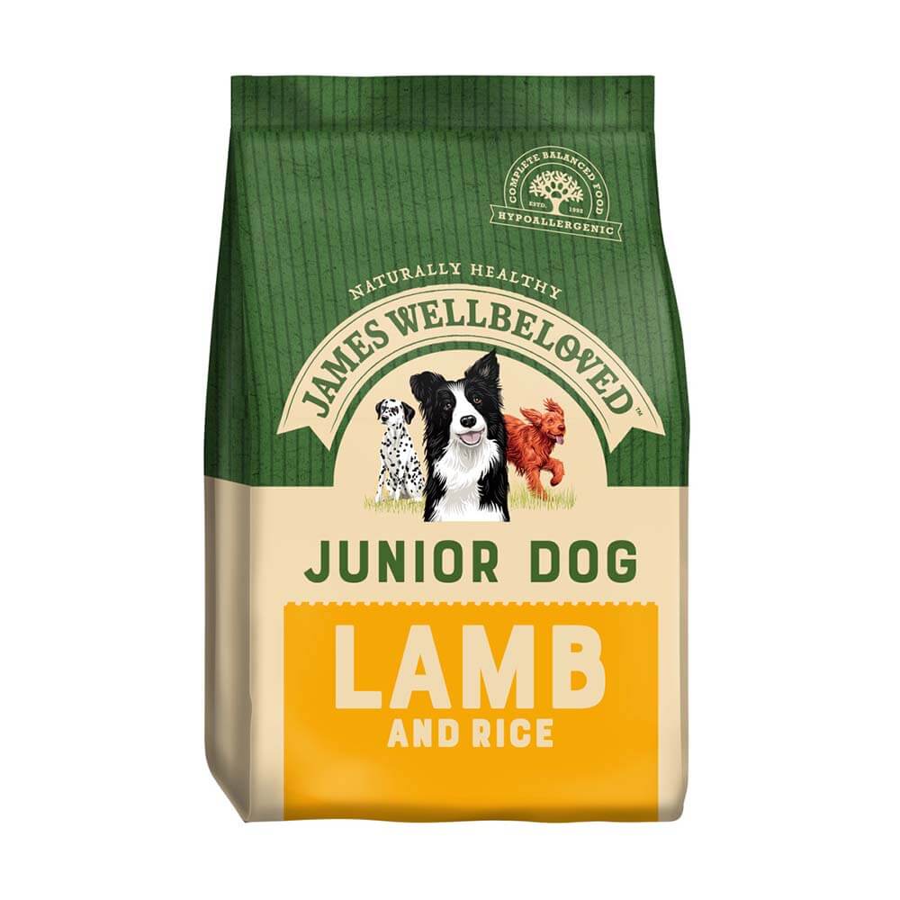 James Wellbeloved Lamb &amp; Rice Junior dog food bag with playful dog illustrations.