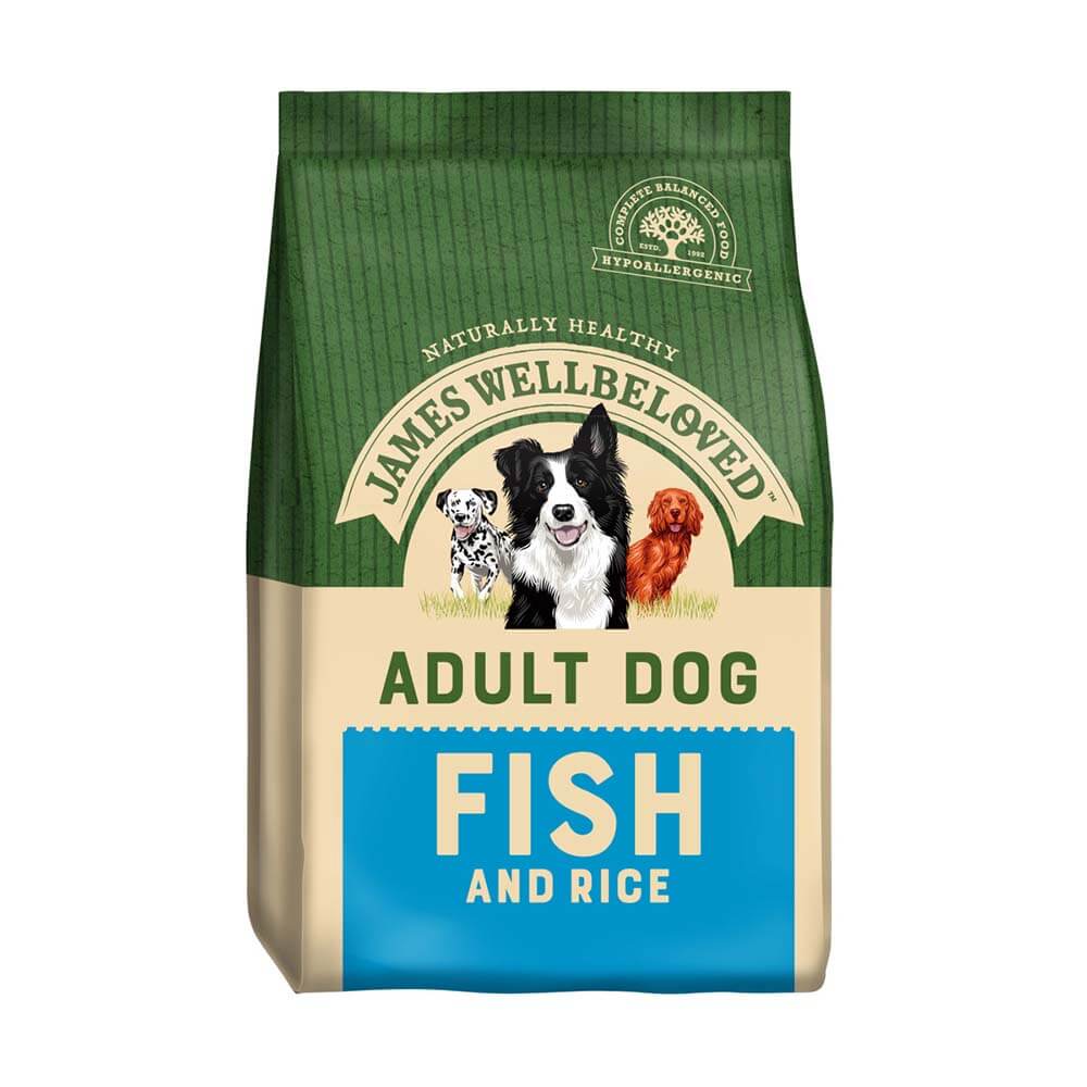 James Wellbeloved Fish &amp; Rice Adult dog food, with dog illustrations on the bag.