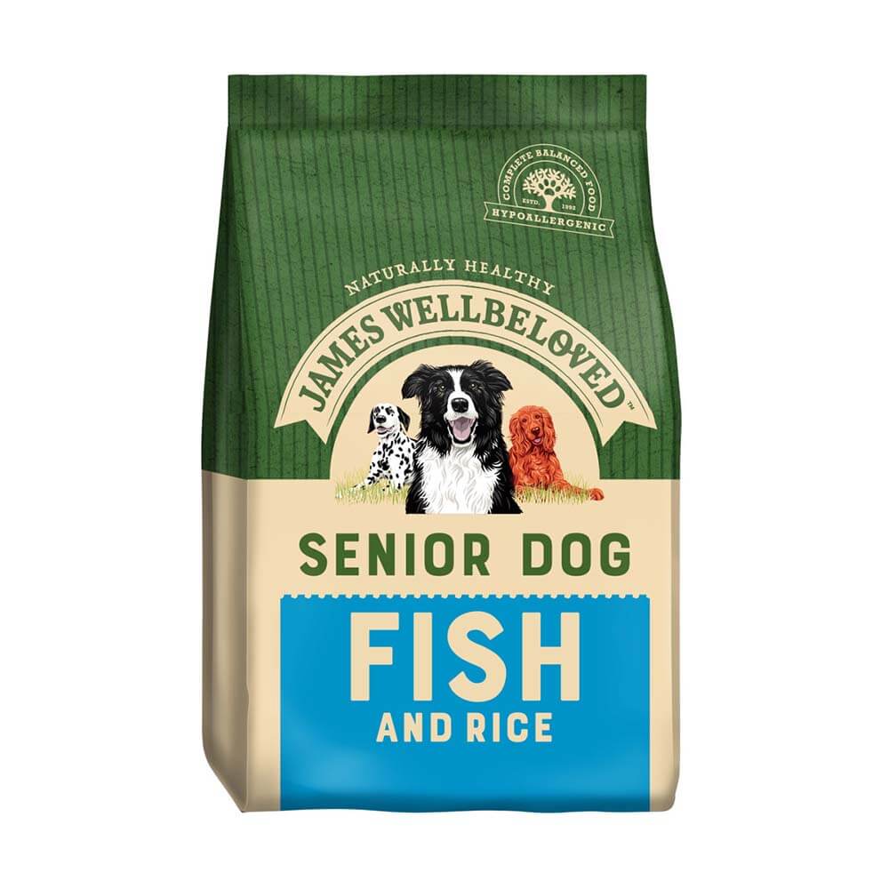 Bag of James Wellbeloved Fish &amp; Rice Senior dog food with dog illustrations.