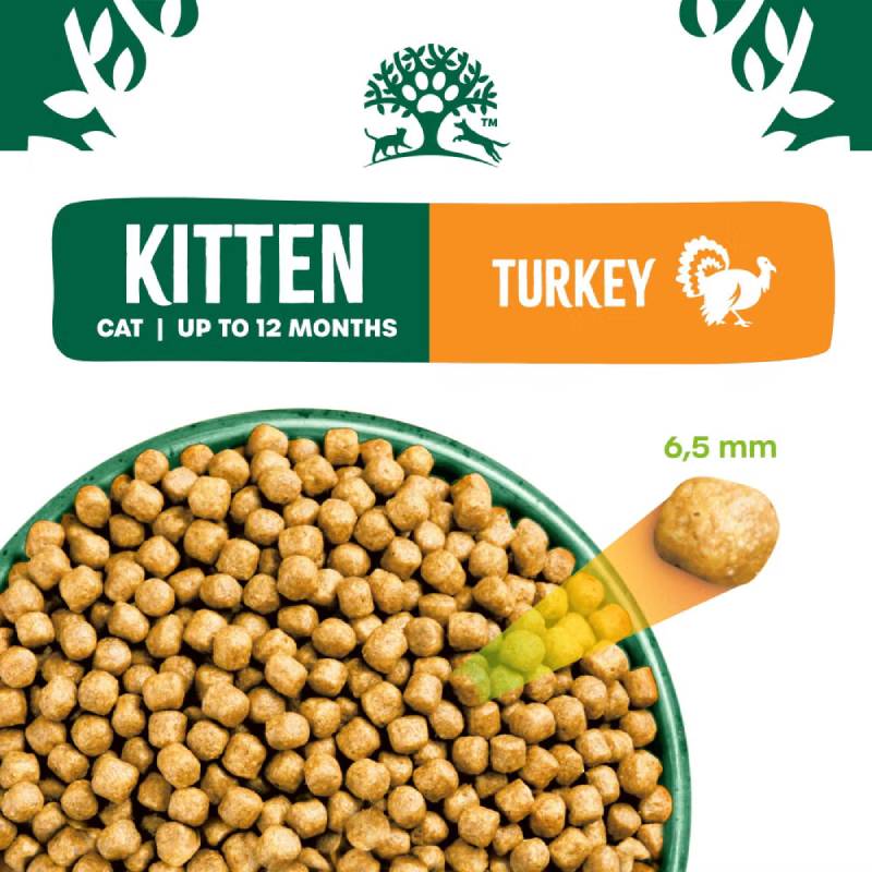 James Wellbeloved Cat Food Kitten Turkey and Rice 1.5kg with a 6.5 mm piece shown on label.