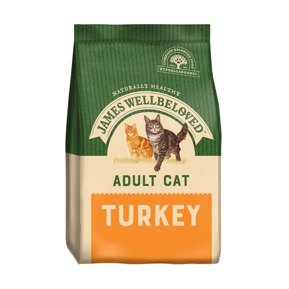 James Wellbeloved Adult Cat Turkey &amp; Rice bag, featuring two cats on the front.