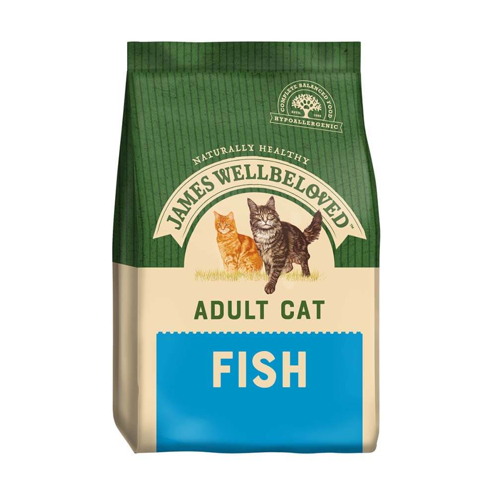 James Wellbeloved Adult Cat Fish &amp; Rice—healthy food for adult cats, featuring a cat and kitten.
