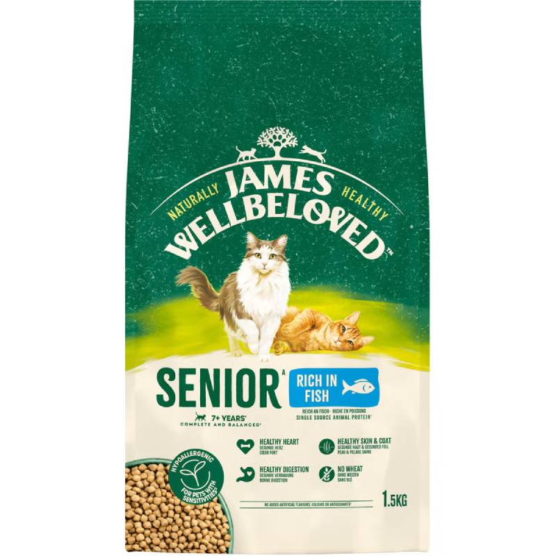 James Wellbeloved Senior Cat Food Fish &amp; Rice 1.5kg pack with two cats on the bag.